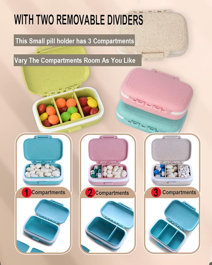 4 PC Pill Case 3 Removable Compartments Pill Box BPA-Free,Day Pill Organizer/3 Times a Day/AM-PM Travel Pill Organizer for Pocket or Purse Storage Vitamin, Fish Oil or Medicine