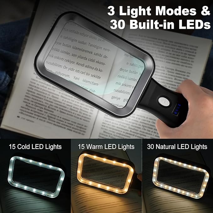 10X Magnifying Glass with Light and Case, Rechargeable Magnifier with 3 Color Modes, Lighted Magnifying Glass Handheld for Seniors Reading Low Vision, Inspection, Close Work