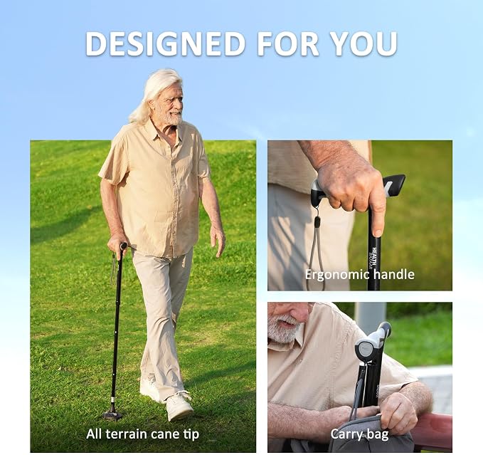 healthbazaar Walking Cane for Men & Women - Self Standing Pivot Cane, Adjustable, Foldable Walking Sticks for Seniors & Adults with Wrist Strap, Travel Bag | TRIGRIP