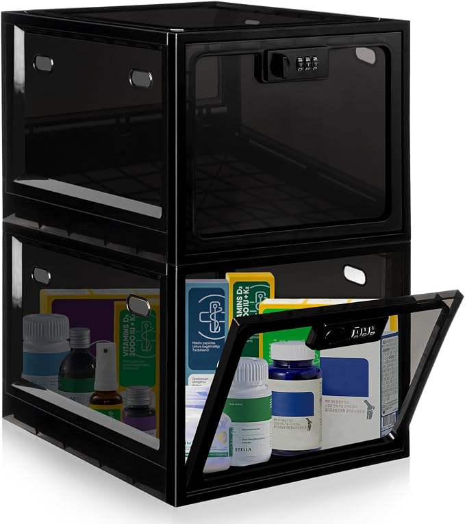 Medication Lock Box with Code, 12.6L Large Lockable Storage Box for Medicine, Snacks, Phone, and Electronics - BPA-Free, Clear Design with Charger Holes for Home, Office, Dorm, and Fridge