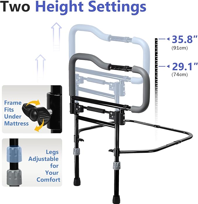 Bed Rails for Elderly Adults Safety, Foldable Adjustable Bed Rail & Assist Handle, Heavy-Duty Grab Bar for Seniors, Pregnant Women, Injury Recovery – Fits Twin, Full, Queen & King Beds
