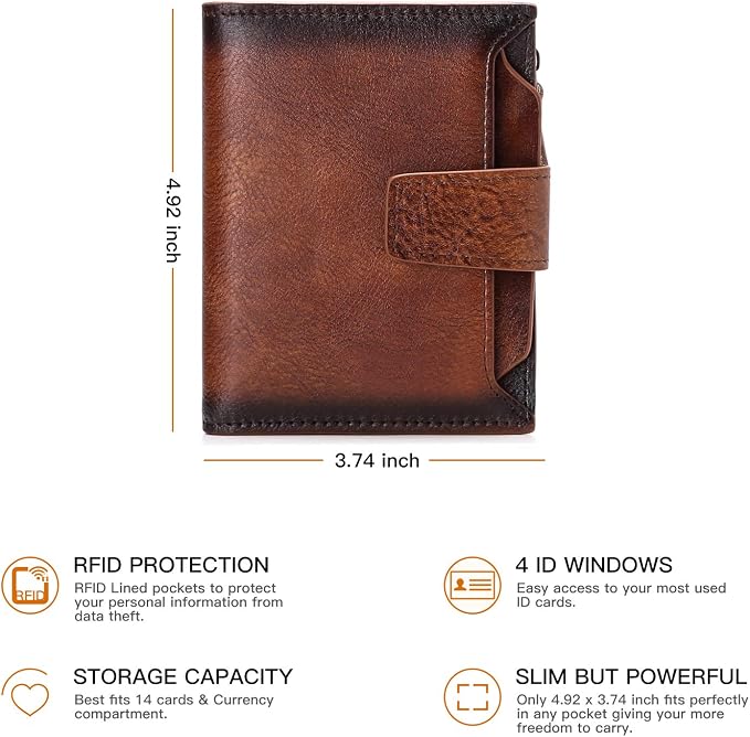 Wallet for Men Genuine Leather RFID Blocking Mens Wallet with Zipper Coin Pocket ID Window