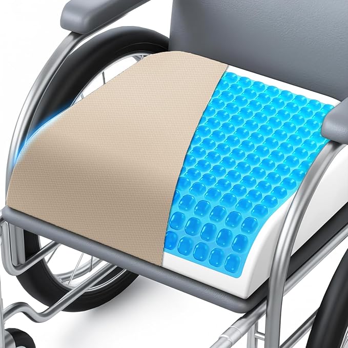Wheelchair Seat Cushion for Pressure Relief, Cooling Gel Memory Foam Chair Cushion with Slope-Edge Design, Coccyx Support for Tailbone Pain, Non-Slip, for Wheelchairs, Office Chairs & Car Seats, Khaki