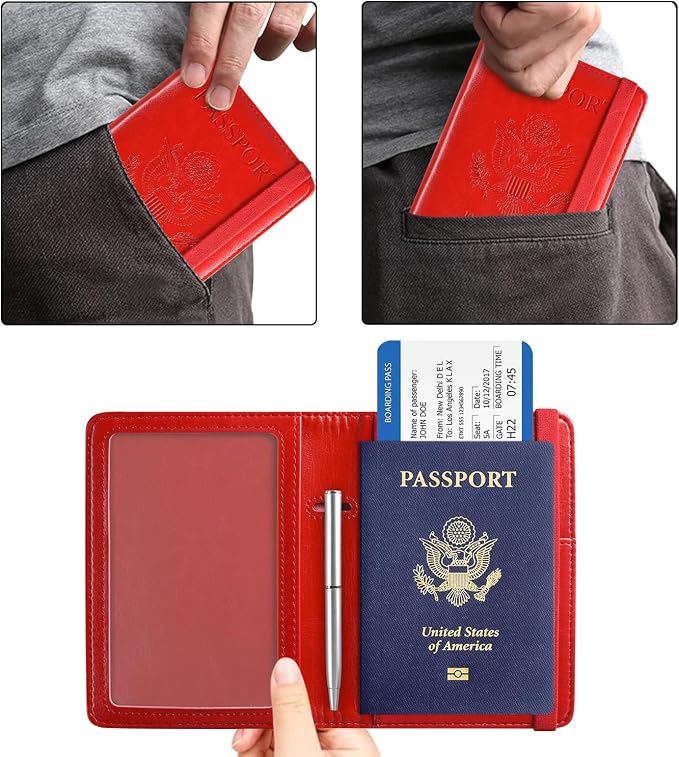 ACdream RFID BLOCKING Passport Holder Travel Wallet - Premium PU Leather Cover Passport book with Card Holder, Pen Slot, Keep Organization, and Travel Essentials for Women and Men, Red