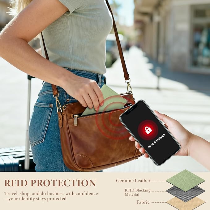 Genuine Leather Passport Holder for Women Men, Hidden Airtag Pocket, RFID Blocking, Zippered Coins Pocket & Cash Compartment Travel Gifts Essentials Passport Cover Case - Light Green