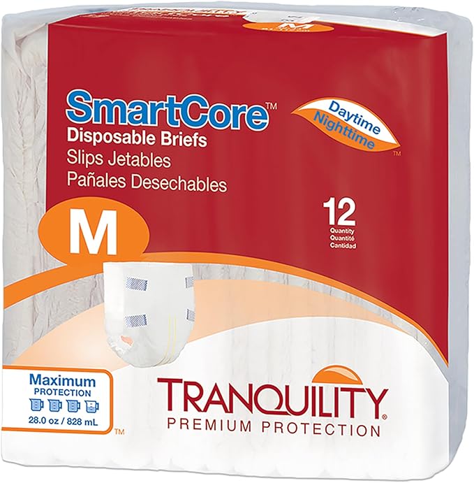 Tranquility SmartCore Adult Disposable Briefs, Incontinence Control with Breathable Kufguard Technology, Fastening Tabs & Wetness Indicator, Latex-Free, Adult Medium, 28oz Capacity, 12ct Bag