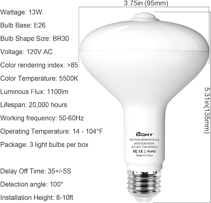 Motion Sensor Light Bulbs, 5500K Daylight Motion Activated Dusk to Dawn Security Light Bulb, 13W(100W Equivalent) E26 BR30 Security LED Bulb Outdoor/Indoor, 3 Pack