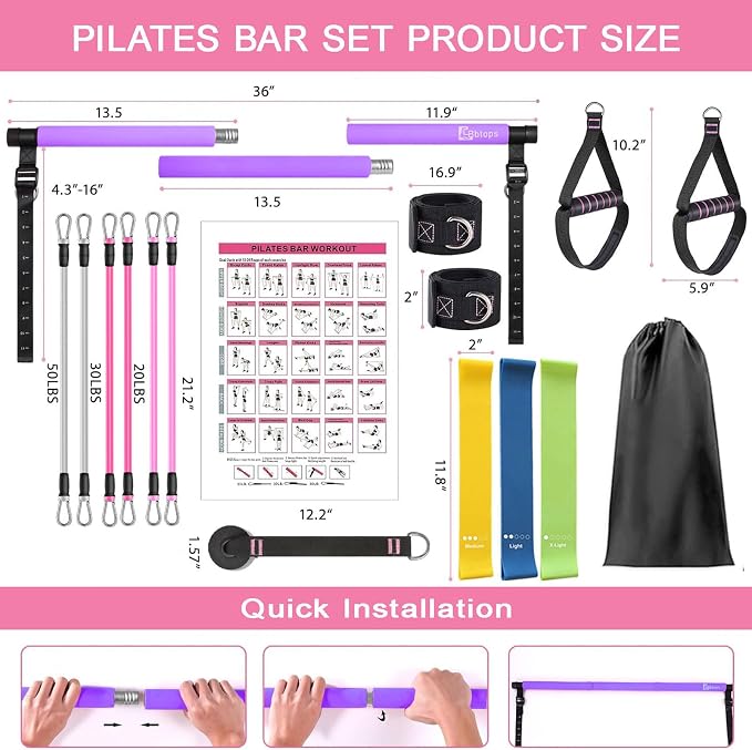 Bbtops Pilates Bar Kit with Resistance Bands,Pilates Bar with Stackable Bands Workout Equipment for Legs,Hip,Waist and Arm,Exercise Fitness Equipment for Women & Men Home Gym Yoga Pilates