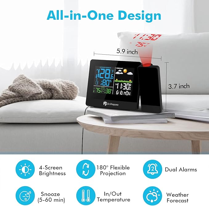 DR.PREPARE Projection Alarm Clock, Digital Clock Projector on Ceiling with Indoor/Outdoor Temperature Display, Dual Alarms, Colored Backlight, Weather Forecast, and Battery Backup for Bedroom