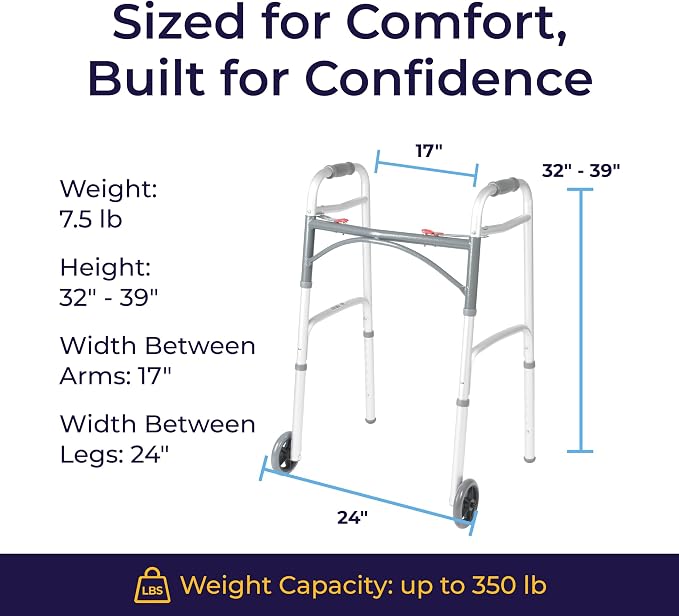 Drive Medical Two-Button Folding Walker with Wheels, Height Adjustable | Two-Button Rolling Walker Features Dual Push-Button Operation, Adjustable Height and Durable Aluminum Frame