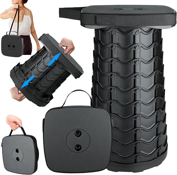 Upgraded Collapsible Stool Portable for Adults Heavy Duty, 620lbs Max Weight, Square Foldable Stool Thickened Telescoping Folding Seat for Camping Hiking, Outdoor, Travel(Square) (Black)