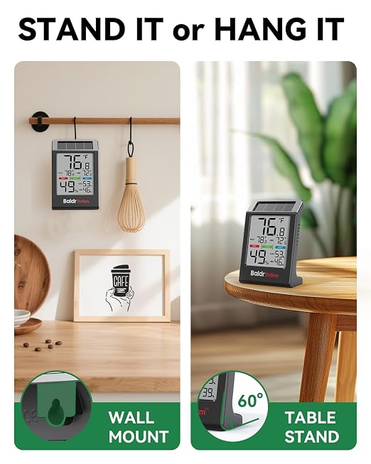 BALDR Solar Indoor Thermometer Hygrometer, Max/Min, Comfort Meter（Black） | Solar & Battery Dual Power |No Setup or App Required |Clear Comfort Level Indicator |Flexible Desk or Wall Placement