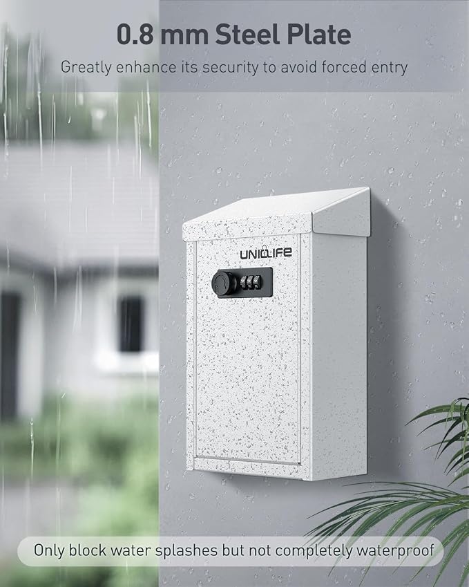 Uniclife Cash Box with Combination Lock, Wall Mounted Mailbox for Outside | White Code Lock Box, Metal Donation Box with Top Slot, Suggestion Box for Office and Business