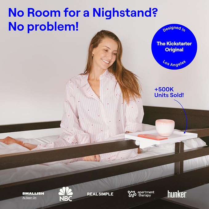 BedShelfie Bedside Shelf for Dorm Room - Cable Catch, White | Bunk Bed & Top Bunk, College Dorm Room Essentials, Bedside Caddy, Clip on Floating Desk Tray, Bed Side Table, Loft Nightstand