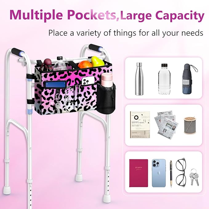 Rhino Valley Walker Bag, Multi Pockets Folding Walker Basket Tote Bag with Cup Holder, Hand-free Carry Pouch Storage Bag for Universal Walkers,Large Capacity Organizer for Seniors Elderly,Pink Leopard