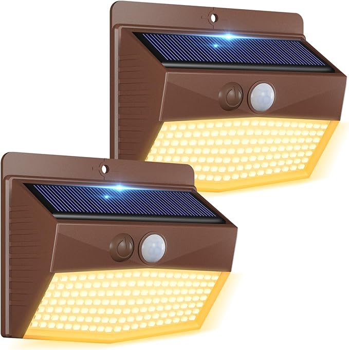 2 Pack Solar Motion Sensor Lights Outdoor Waterproof with 3 Modes | Warm White, Brown Frame, LED, Solar Powered, Security Lighting for Outside Wall Garden Fence Yard Deck Patio Garage