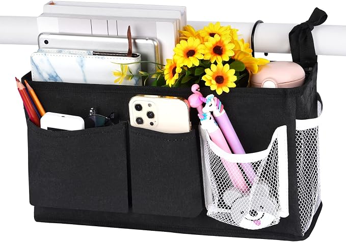 Bedside Caddy, Bedside Storage Bag Hanging Organizer for Bunk Dorm Bed Rail | Bed Caddy with Hooks, Top Bunks and Dorm Essentials for Water, Tissues, Tablets, Books, Phones, Remotes and Other Necessories