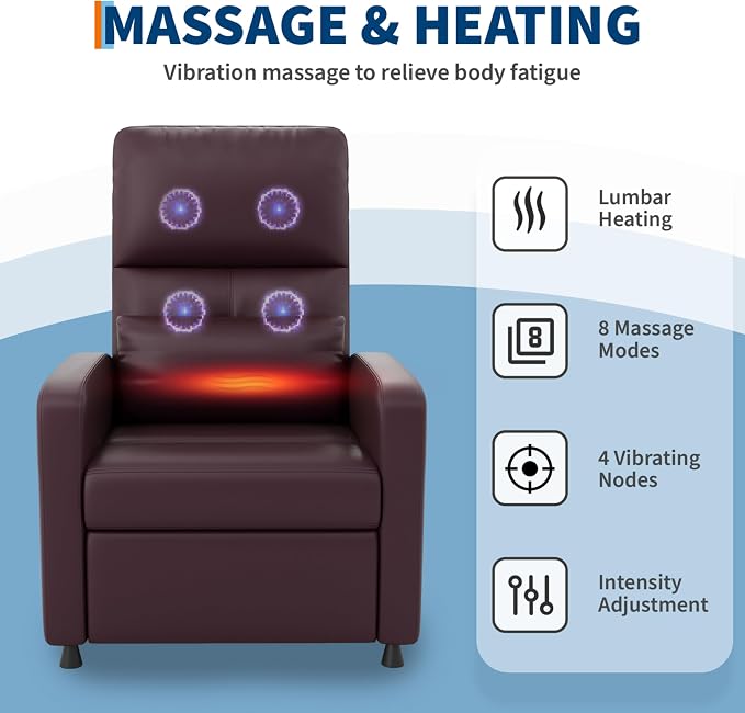 GarveeHome Power Recliner Chair - Heat and Massage, Adjustable Electric Recliner Ergonomic PU Leather Single Sofa, Tall Back, Padded Seat, Home Theater Seating for Living Room