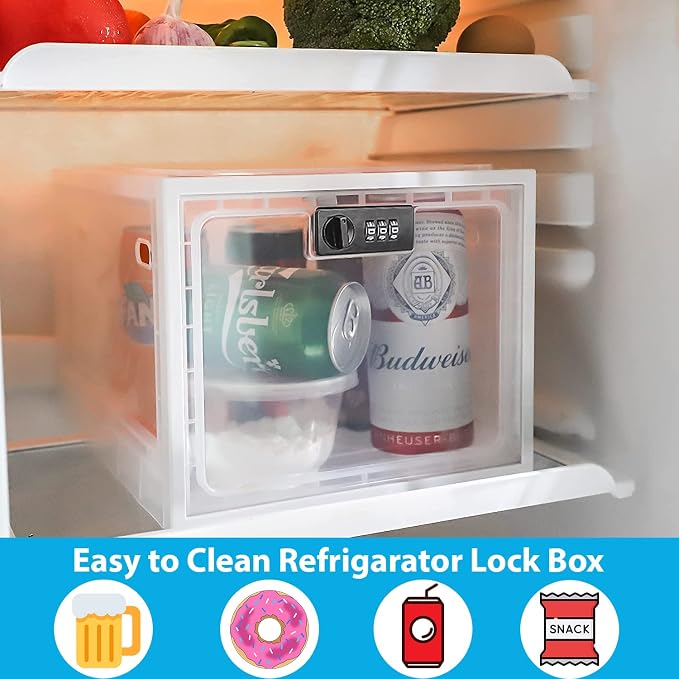 Refrigerator Lock Box - Combination Locked Snack Container for Fridge, Food Safe Storage, Cell Phone Jail, Medication Lockbox Plastic, Large Fridge Lock Box 11.9x9.3x7.6 in (Clear)