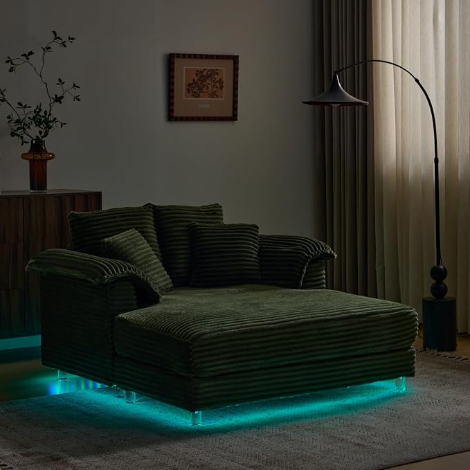 VINGLI Floating Chaise Lounge Chair with LED Light, Cloud Couch with Pillow Armrests, Acrylic Legs, High Density Foam Lounge Sofa, Modern Upholstered Chaise Chair for Living Room, Bedroom, Apartment