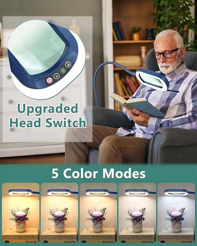 12X Rectangle Magnifying Glass with Light and Stand, 24" Flexible Gooseneck 3-in-1 Floor Lamp, 5 Color Modes Stepless Dimmable, LED Lighted Hands Free Magnifier for Reading Painting Close Work - Blue