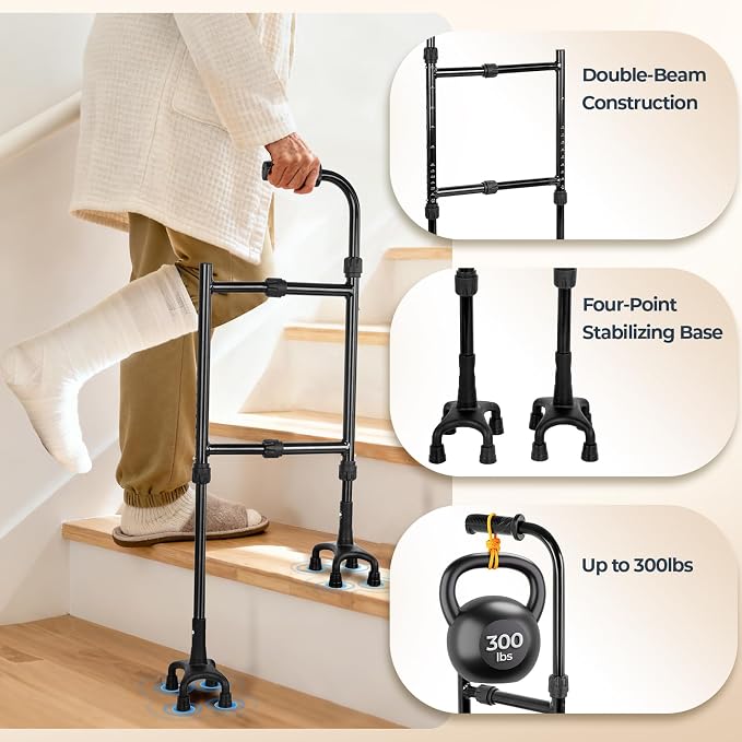 Stair Climbing Aid Cane for Seniors – Height & Width Adjustable, Lightweight Portable, Slip-Resistant Sturdy | Fits Standard Steps 300lbs | Stair Aid Cane for Elderly, Sore Knees, &Post-Surgery
