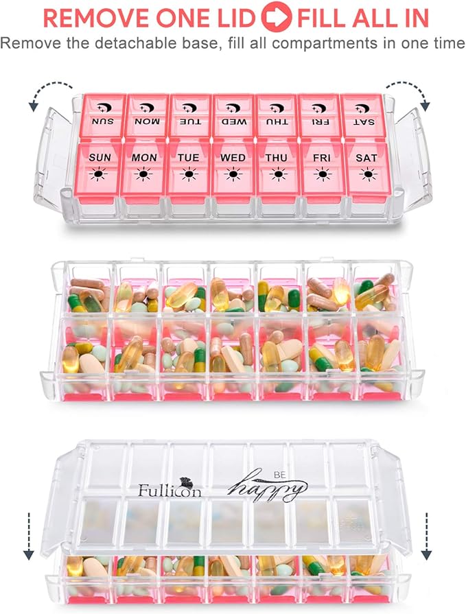 Weekly Pill Organizer 7 Day 2 Times a Day Extra Large, Quick Fill 2022 Fullicon AM PM XL Daily Pill Cases Pill Box with Detachable Base - Pink (Patent Registered)