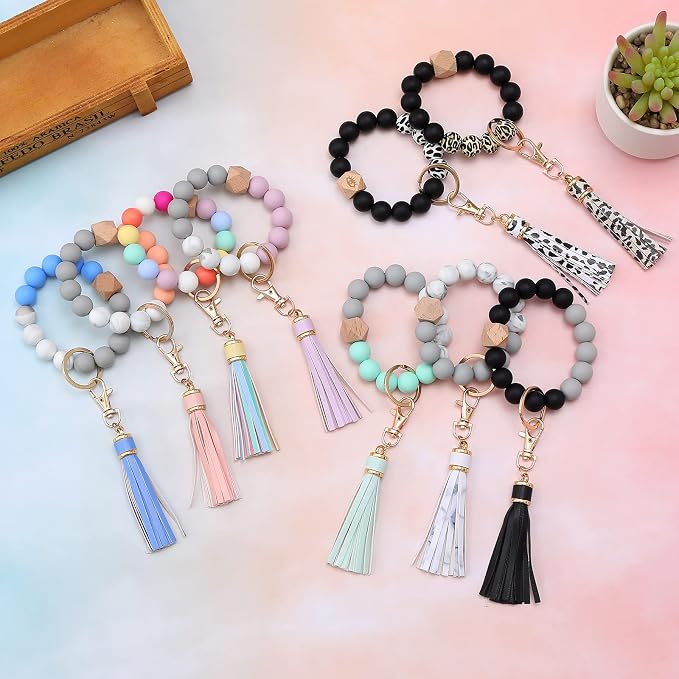 BAOSIWA Silicone Beaded Bracelet Keychain Wristlet Key Ring Bangle Chains for Women with Leather Tassel