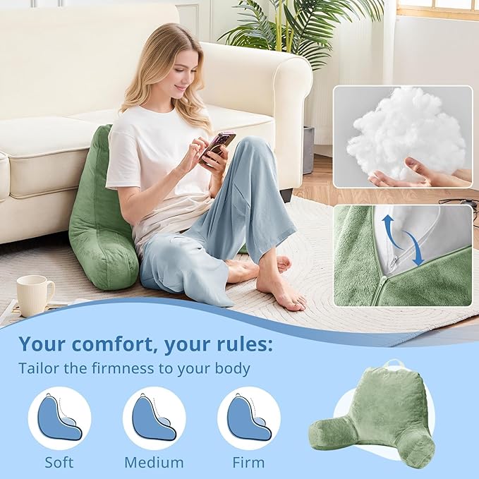 Sasttie Reading Pillow for Sitting in Bed Adult, Back Pillow for Bed Sitting Up, Backrest Back Support Chair Pillow, College Dorm Essentials for Girls and Boys, Sage Green Standard