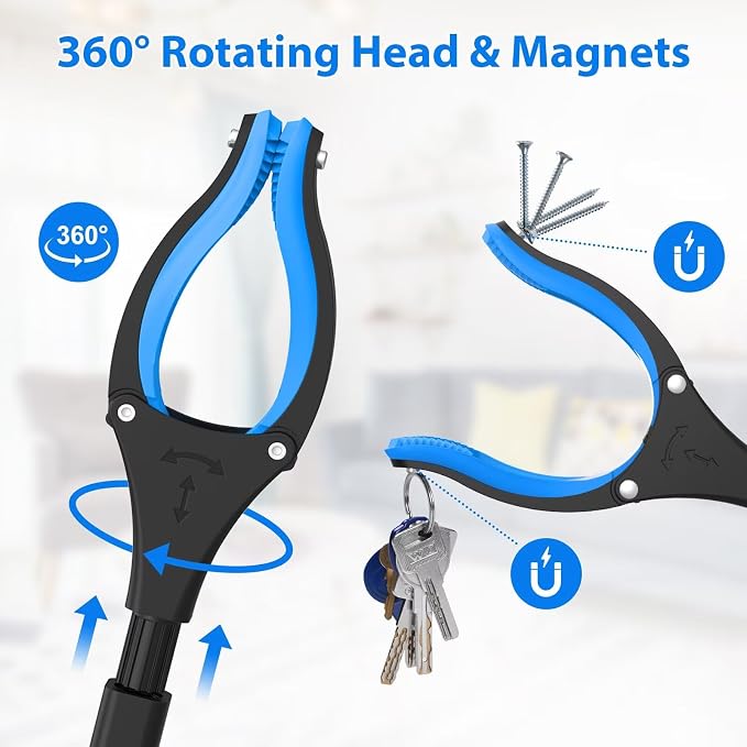 43" Grabber Reacher Tool Foldable Extension Grabber for Seniors Blue | 360° Rotating Jaw, Two Magnets, 4" Wide Claw Opening, Extra Long Trash Picker Upper, Mobility Aid Reaching Tool for Elderly