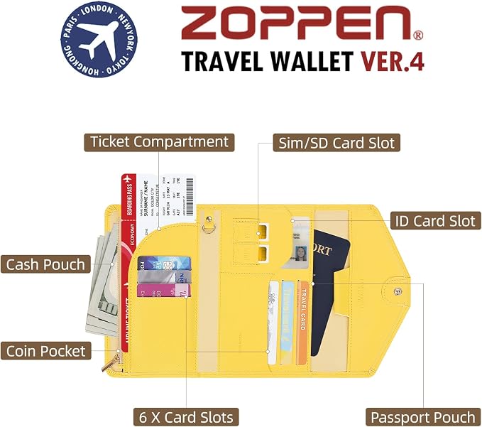 Passport Holder Travel Wallet Organizer for Women,Primrose Yellow | RFID secure, 6 card slots, 28 sim pockets, passport holder with zip-around wallet, slim fit for women travelers.