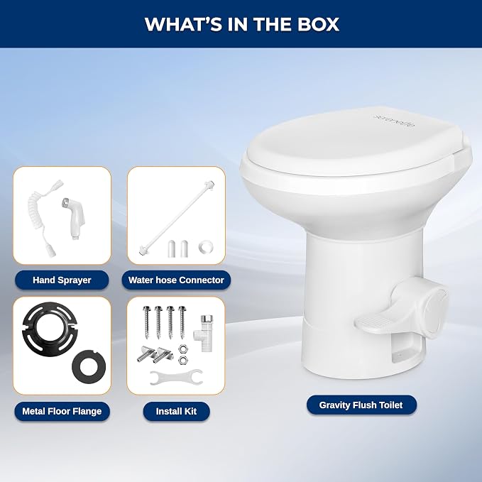 SereneLife RV Gravity Flush Toilet with Foot Pedal and Hand Sprayer | T-Type Full-Bowl Flush Coverage With Odor-Resistant Sealing For RVs, Boats, Campers, Trailers And Marine Bathrooms