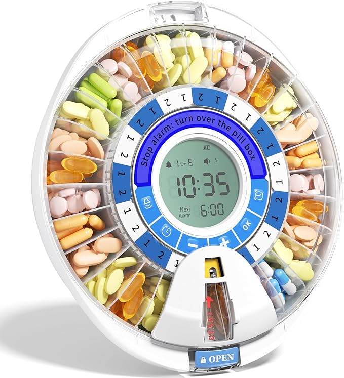 Betife 2nd Gen Automatic Pill Dispenser for Elderly with Alarm | 28 Slots, Key Locked, Alarm & Light Reminder, Mix-Proof, XL Display, 6 Dosage Rings，Easy Setup