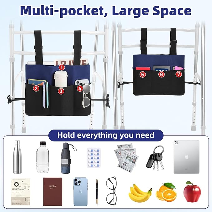 Rhino Valley Walker Bags for Walker Accessories for Seniors,Blue & Black | Walker Basket for Folding with Cup Holder, 7 Pockets with Adjustable Strap Rope,Foldable Walker Accessories for Seniors