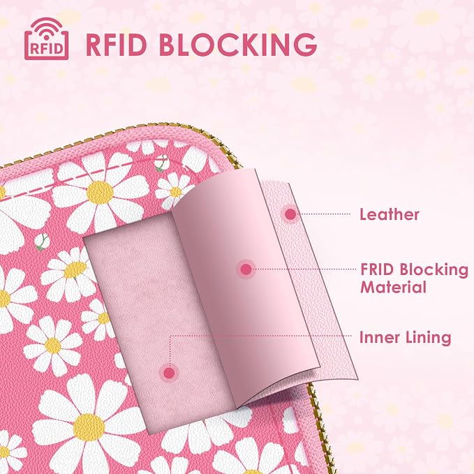 KONVINIT Pink Floral Passport Holder For Travel, Passport Cover For Women | Leather RFID Blocking Passport Holder, Cute Passport Wallet with Zipper Closure, Passport Case for Women and Men