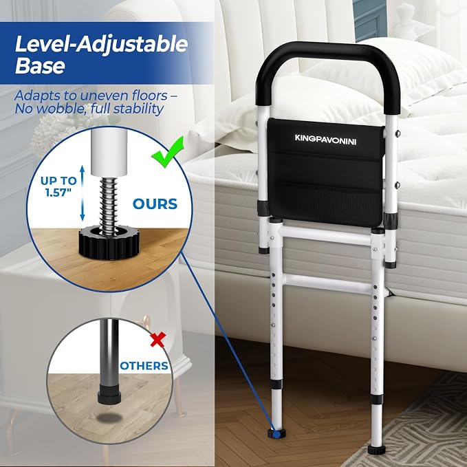KingPavonini Bed Rails for Elderly Adults Safety 2026 Upgrade, ASTM-Approved Bed Rails for Seniors with Anti-Wobble Adjustable Feet, 400lb Bed Cane, Non-Slip Handle & Storage Bag, No-Tools, Model GS04