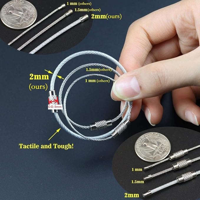Key Rings Pack of 12 (Cable length: 4 inches) Wire Cable Keychains | Stainless Steel Lock Heavy Duty Luggage Tags Loops Keepers 2mm Twist Barrel