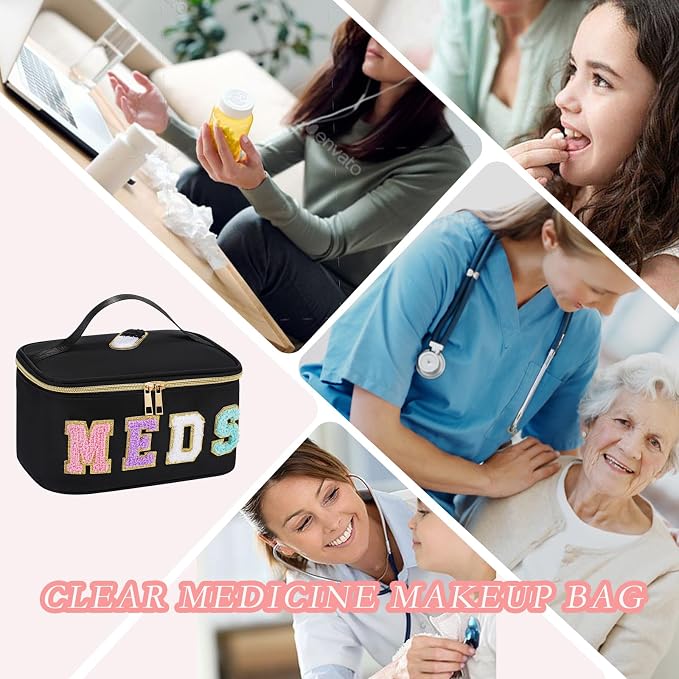 uekeboag Personalized Chenille Letter MEDS Makeup Bag, Portable Nylon Cosmetic Toiletry Storage bag with Top Handle, Transparent Meds Travel Organizer Cosmetic Bag(13Black)
