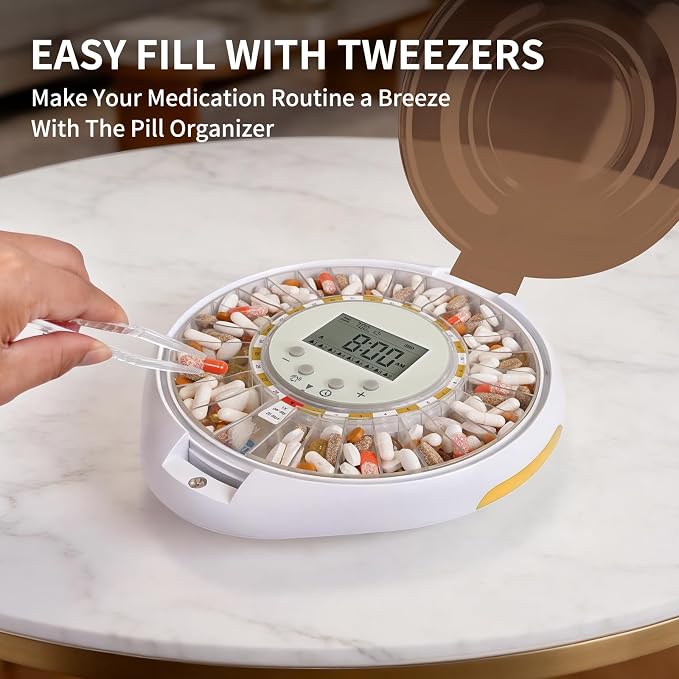 Locked Bluetooth Pill Dispenser for Caregivers App Track Adherence History | Top Lock & Ergonomic Flip Lid Friendly for Seniors, 28-Day Organizer with 9 Custom Alarms & Clear LCD, Sound-Light Reminders