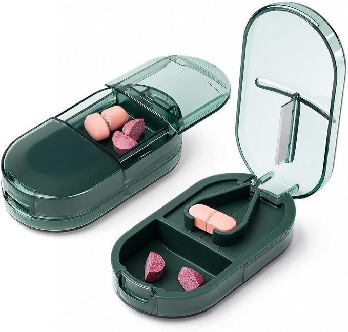 Pill Cutter Splitter with Precise Cutting for Large, Small & Tiny Pills | with Removable Silicone Pad, Easy-Cut Stainless Steel Blade for Tablets, Vitamins, Medication, Portable, Compact Size, Green