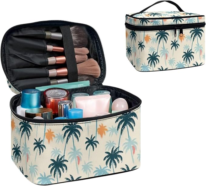 Palm Tree Pattern Travel Toiletry Bag Cosmetic Bag, Painting Colorful Island Palm Printed Zipper Makeup Pouch Organizer for Toiletries Essentials Accessories