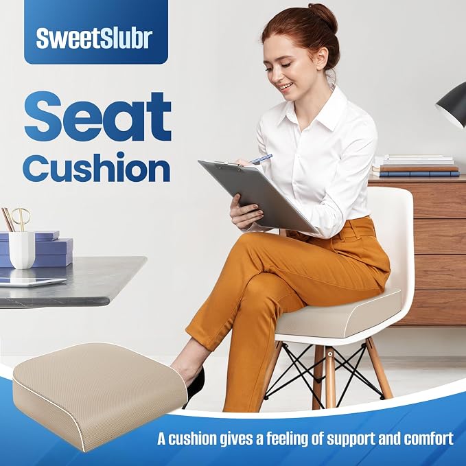 SweetSlubr Seat Cushion for Tailbone Pain Relief, Office Chair Cushion, Memory Foam Large Chair Pad with Non-Slip Cover for Soft Support at Office Chair, Car Seat, Airplane Beige/X-Large