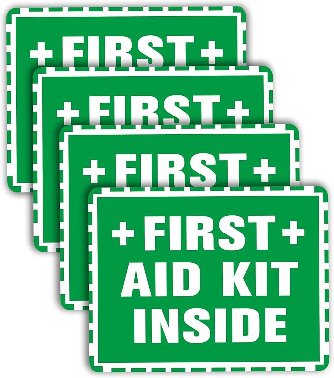 4PCS First Aid Sign Sticker, Self-Adhesive Waterproof First Aid Decals for First Aid Boxes, Emergency First Aid Kit Inside for Home, Car, Office, School, Factoryor Business 5.1''x3.9''