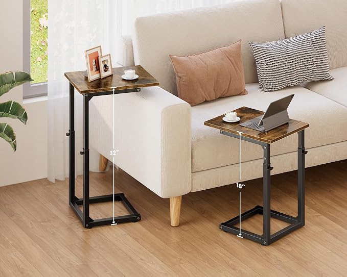 C-Shaped End Table for Couch, 33" Tall C Table Adjustable Height Side Table, Couch Side Tables with Metal Frame Slide Under Sofa, Sofa Table TV Tray for Living Room, Bedroom, Bedside, Brown