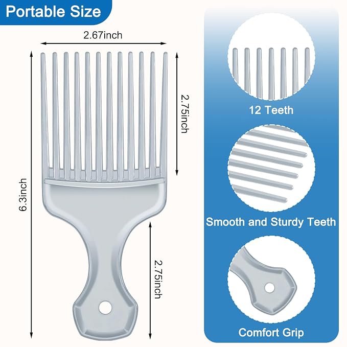 SIMPOR 2 Pcs Hair Pick Comb, Wide Tooth Lift for Hair Styling Detangling, Plastic Afro Pick for Women Men (Silver, Black)
