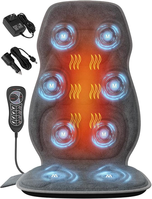 Back Massager with Soft Plush Fabric Cover, Massage Seat Cushion with 8 Vibration Motors & 2 Heating Levels, Chair Massager for Recliner, Office Chair, Sofa, Home Use, Gifts for Dad Mom