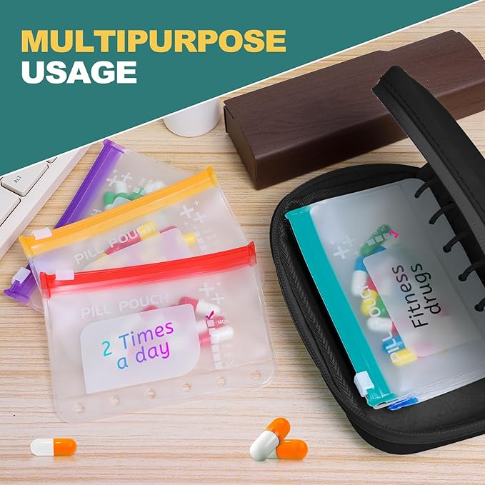 A7 Waterproof Pill Organizer with 7 PCS L Size Zippered Pill Pouches for A7 Binder, Large BPA-Free Weekly Medicine Organizer, Color-Coded Reusable Travel Pill Storage System