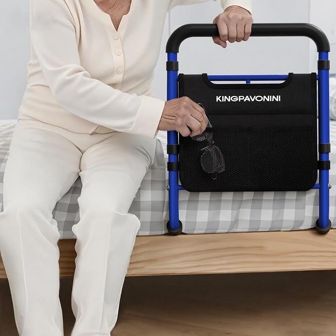 KingPavonini Bed Rails for Elderly Adults Safety, 380 LBS, Model BM03-1 | ASTM Approved, 2026 Upgraded Adjustable Bed Cane, Non-Slip Ergonomic Handle & Storage Bag, Tool-Free Bed Railings for Seniors