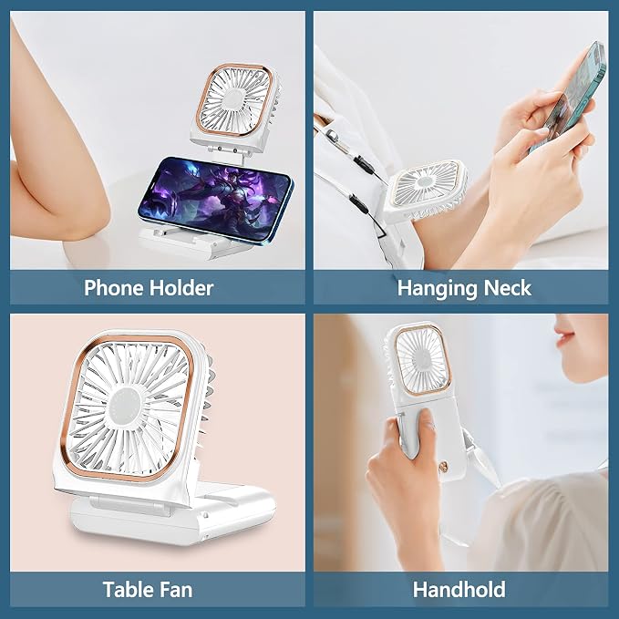 Portable Neck Fan Mini Quiet Handheld Personal Foldable USB Rechargeable Fan with Phone Holder founction for Home Office Outdoor Travel, Hands Free Necklace Fans