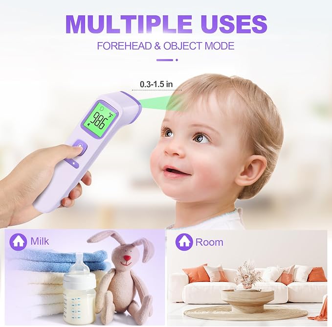 No-Touch Thermometer for Adults, Kids, Babies, 1-Sec Fast Accurate (Purple) | Fever Alarm, Large LCD with 3-Color Backlight, Silent Mode, 35-Reading Memory, Forehead & Object Mode, for Home & Clinic